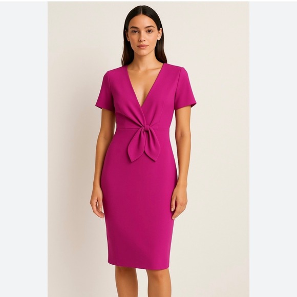 Badgley Mischka Faux Tie-Front sheath midi Dress Size 8 Fuchsia pink career - Picture 1 of 10